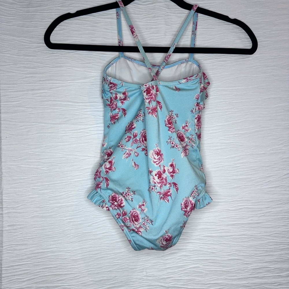 Janie and Jack Pink Floral Blue Ruffle Swimsuit One Piece Girl's Size 6 - Picture 8 of 9